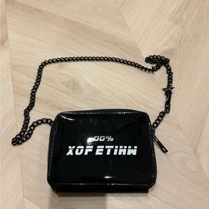 Black Patent Crossbody Bag with White Logo